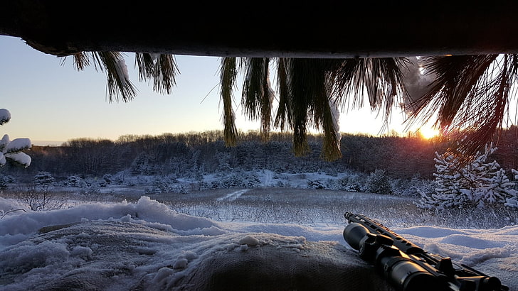 black sniper rifle, winter, snow, cold temperature, tree, nature, HD wallpaper