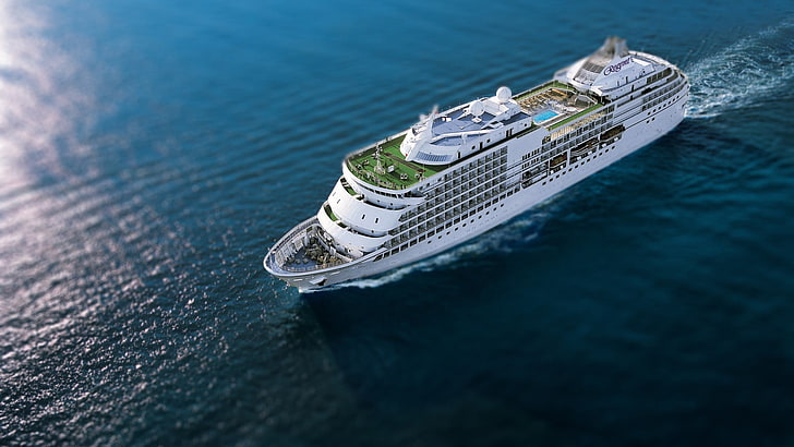 white and gray cruise ship, blurred, sea, nautical vessel, water
