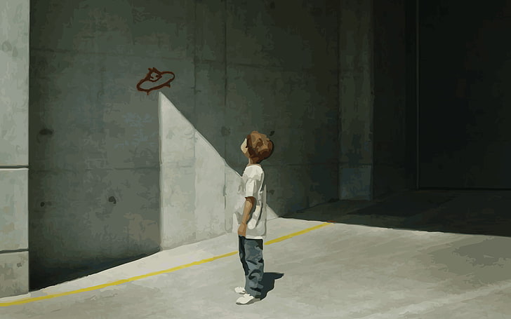 boy in white shirt staring at wall painting, Banksy, children