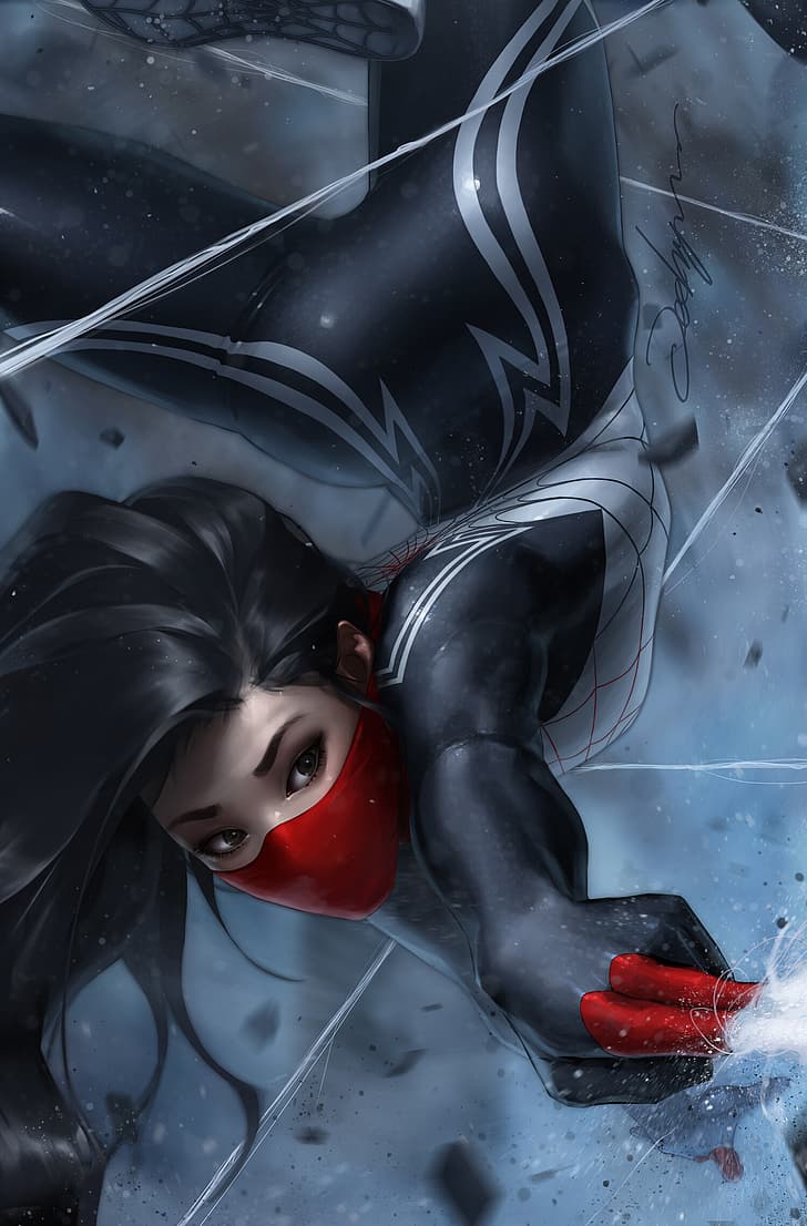 Silk (Marvel character), women, fantasy girl, mask, dark hair