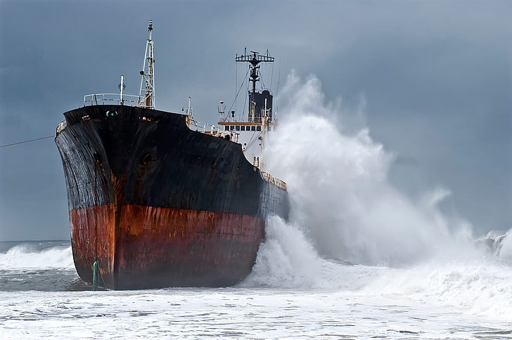 black and brown ship, waves, atlantic ocean, rain, storm, splashes, HD wallpaper