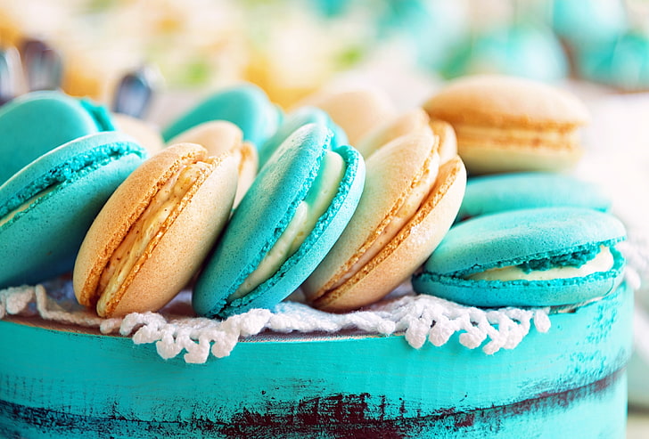 macaroons, food, dessert, cookies, Macarons, blue, French, turquoise, HD wallpaper