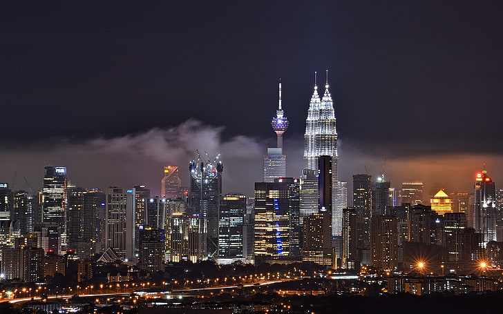 building, night city, skyscrapers, Malaysia, Kuala Lumpur