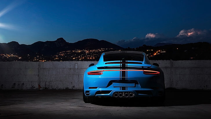 car, Porsche 911 Carrera S, night, panorama, blue, mode of transportation