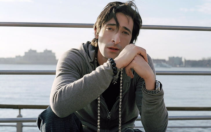 Adrien brody, Brunette, Eyes, Serious, Shore, young adult, water, HD wallpaper