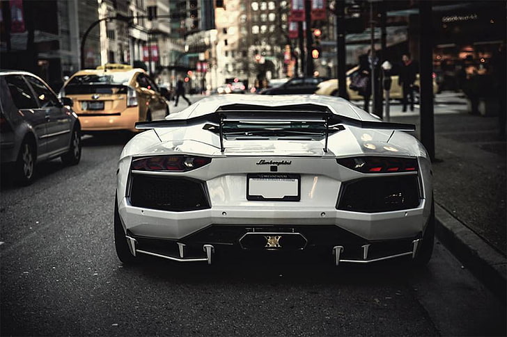 white Lamborghini Aventador coupe, sports car, street, Speedhunters
