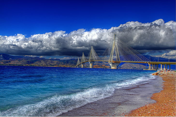 antirio, bridge, cable stayed, clouds, coast, color, corinth, HD wallpaper