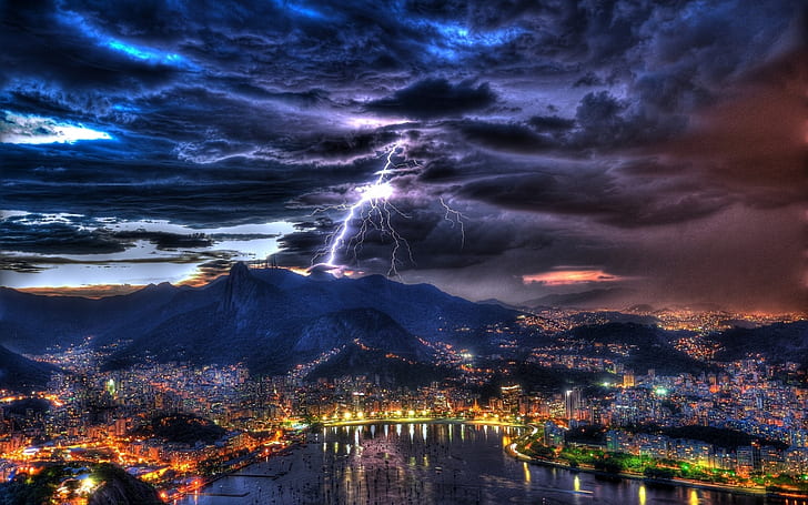 Rio de Janeiro Night View, city, thunder, clouds, HD wallpaper