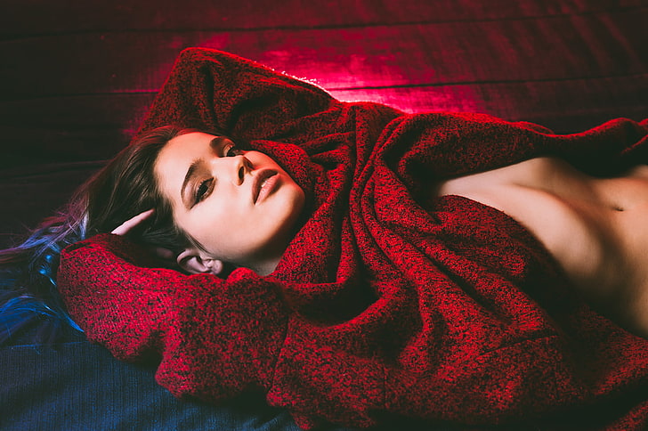 women, model, looking at viewer, sweater, belly, arms up, lying on back