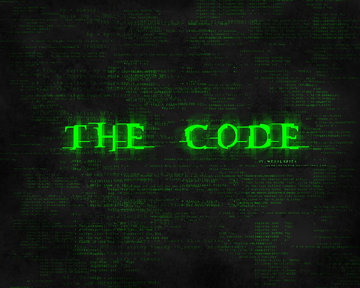 The Code text with black background, typography, digital art