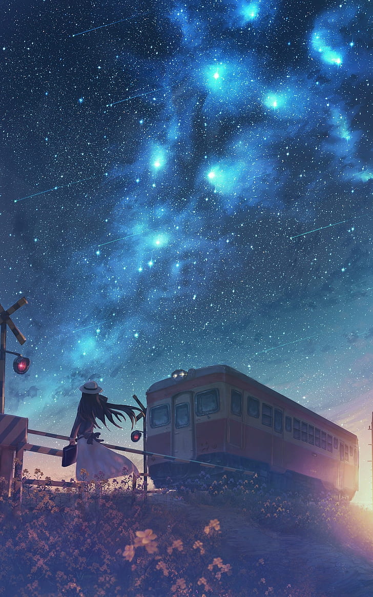 anime, anime girls, original characters, starry night, railway crossing