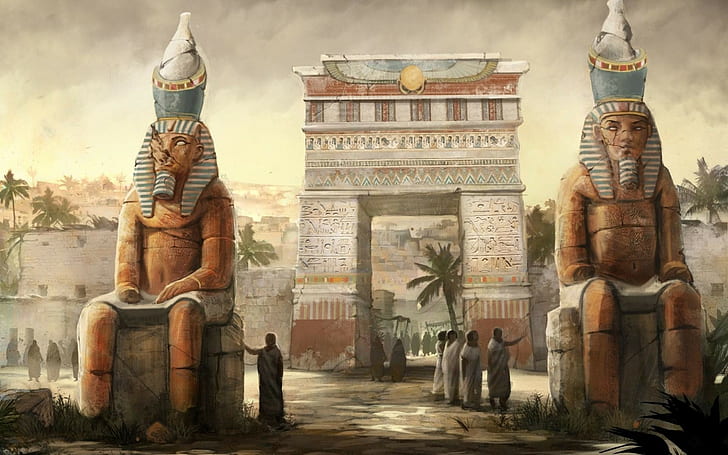 artwork, hieroglyphics, people, statue, Gods of Egypt, fantasy art, HD wallpaper