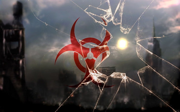 biohazard, Resident Evil, glass, apocalyptic, red, focus on foreground