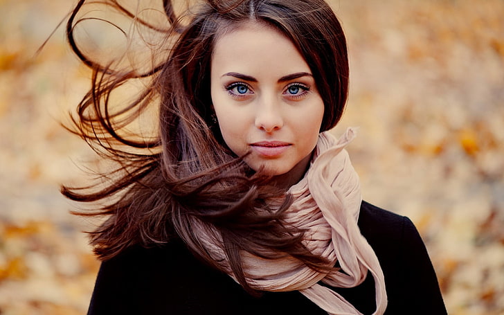 women's brown scarf, model, brunette, women outdoors, blue eyes