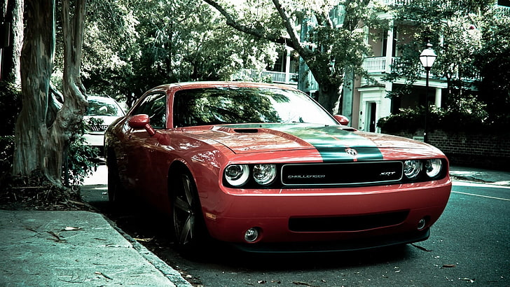 red sports car, Dodge Challenger, muscle cars, street, Dodge Challenger SRT, HD wallpaper