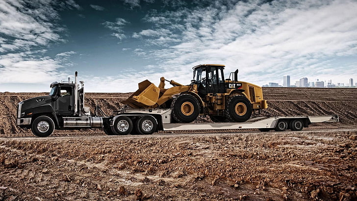 yellow heavy equipment, excavators, Truck, vehicle, transportation, HD wallpaper