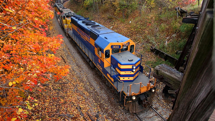 blue and yellow transit train aerial view, nature, landscape, HD wallpaper
