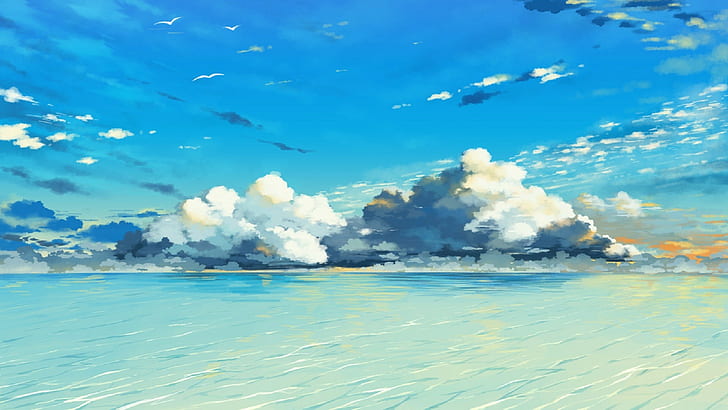 Water, Sky, Clouds, Painting, HD wallpaper