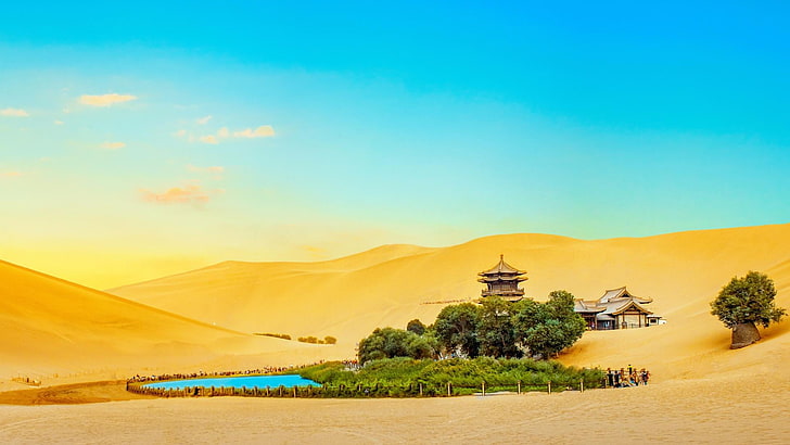 desert, china, gobi desert, sand, oasis, crescent lake, yueya spring, HD wallpaper