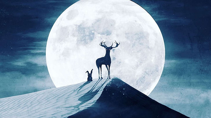 deer and rabbit illustration, digital art, Moon, desert, rabbits