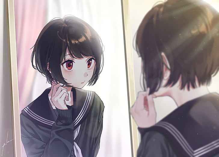 HD wallpaper: Anime, Original, Black Hair, Brown Eyes, Girl, Mirror, Short  Hair | Wallpaper Flare