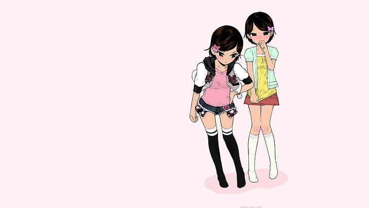 anime, twins, short hair, embarrassed, short skirt, shorts, HD wallpaper