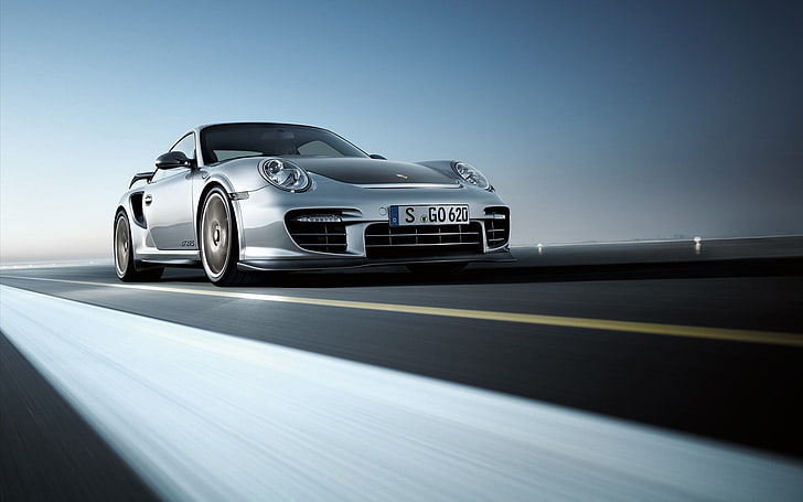 silver Porsche 911 coupe, auto, machine, widescreen, Porsche-911-GT2-RS-2011, HD wallpaper