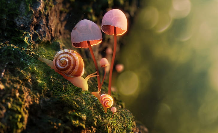 Animal, Snail, Macro, Moss, Mushroom, HD wallpaper