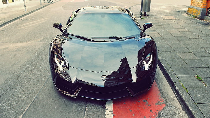 black sports car, Lamborghini Aventador, black cars, vehicle