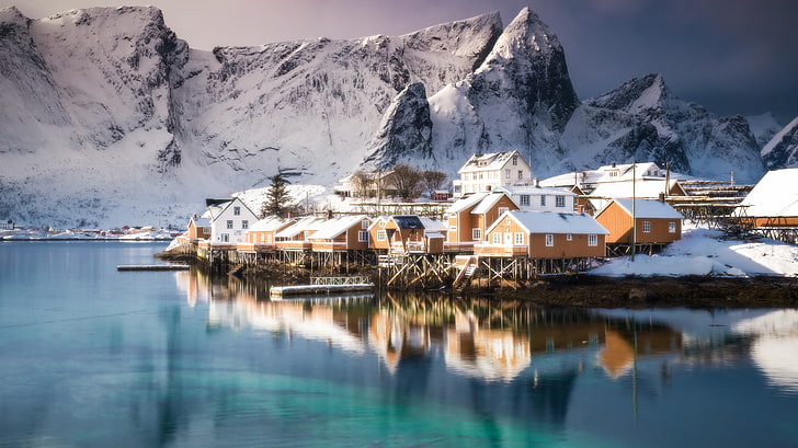 brown-and-white houses, sea, mountains, snow, town, reflection