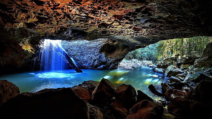 cave, waterfall, brisbane, queensland, australia, springbrook national park, HD wallpaper