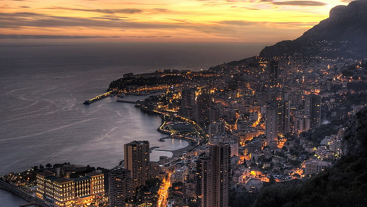 cityscape, sunset, Monaco, sea, HD wallpaper
