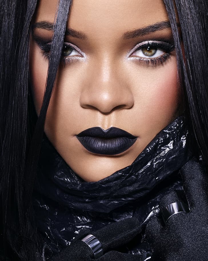 Rihanna, women, singer, dark hair, ebony, face, black lipstick
