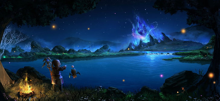 Final Fantasy, Final Fantasy XIV, Campfire, Lake, Lalafell (Final Fantasy), HD wallpaper