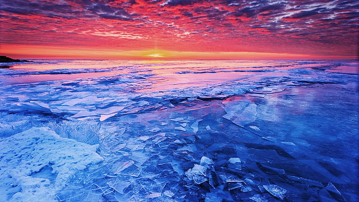 body of water digital wallpaper, Alaska, ice, sunset, beauty in nature
