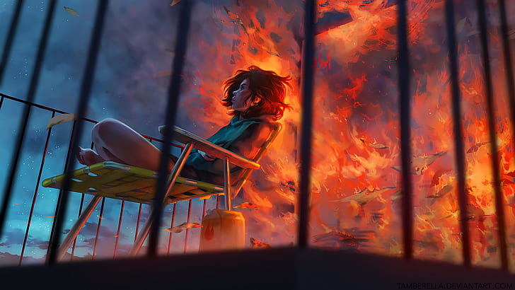 stars, artwork, fire, paper, chair, rooftops, clouds, smoke