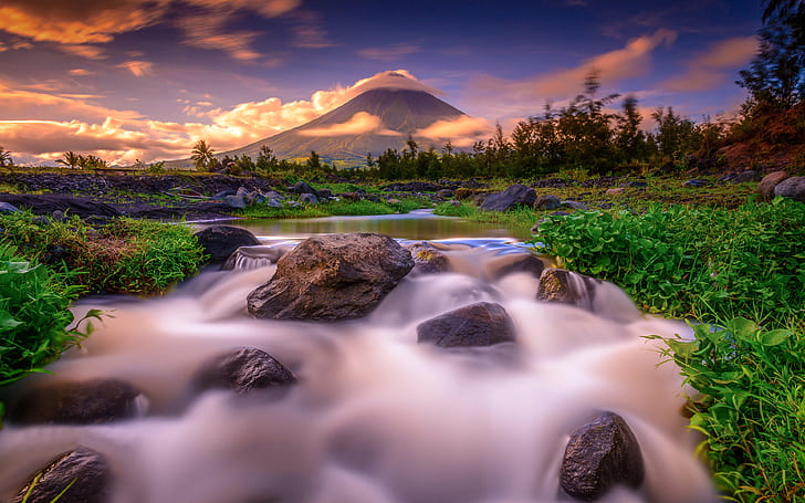 Sunset Mount Mayon Stratovolcano N The Daraga Philippines Mountain River Creek Grass Landscape Nature Android Wallpapers For Your Desktop Or Phone 3840×2400