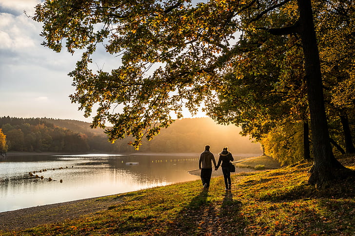 couple walking on side of the river, Autumn, Evening, Nordrhein-Westfalen