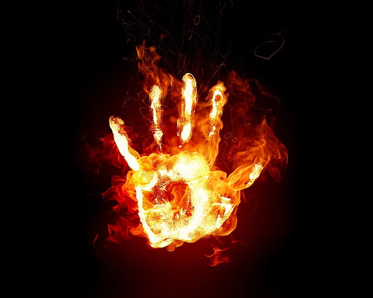 hand covered with flame graphic, fire, hands, handprints, digital art, HD wallpaper