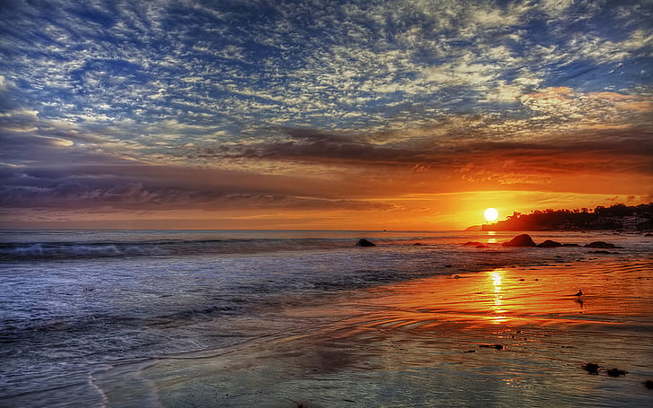 Sunset Red Sky Clouds Sea Waves Sandy Beach In Malibu California United States Hd Desktop Wallpaper 1920×1200, HD wallpaper