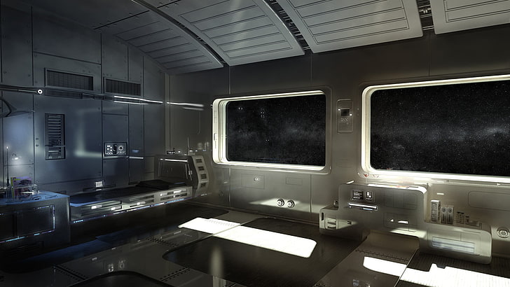 rectangular white table, space, CGI, futuristic, space art, science fiction, HD wallpaper