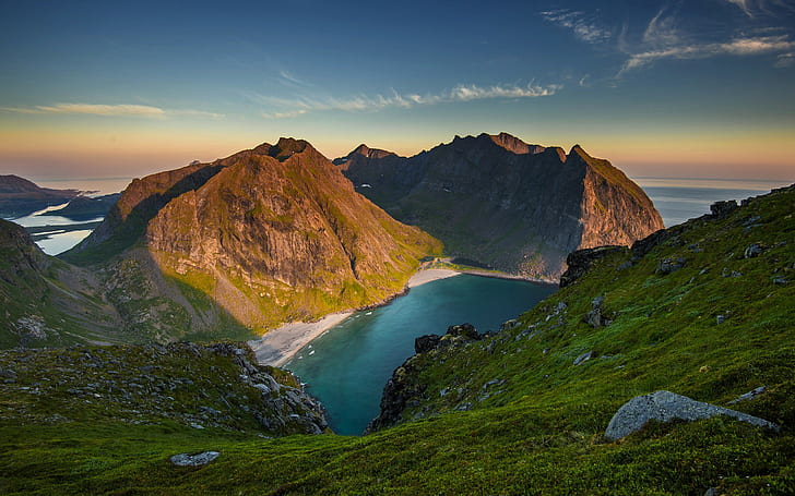 coast, Norway, mountains, sunset, landscape, nature, sky, bay