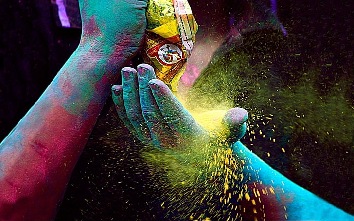 colorful, people, hands, holi festival, India, powder, dust