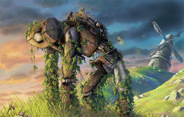 rusted brown robot illustration, overgrown, apocalyptic, cloud - sky