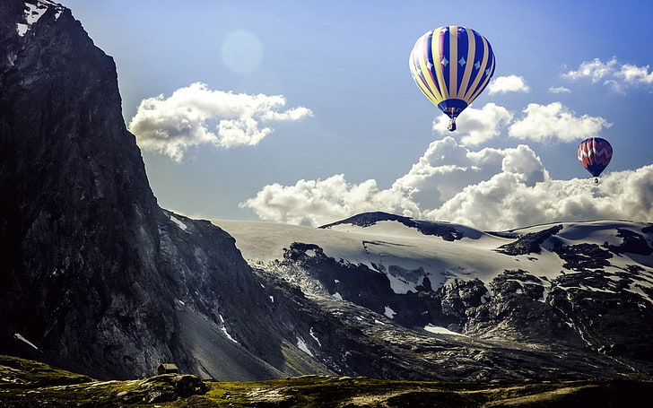 hot air balloons, mountains, landscape, snow, adventure, sky
