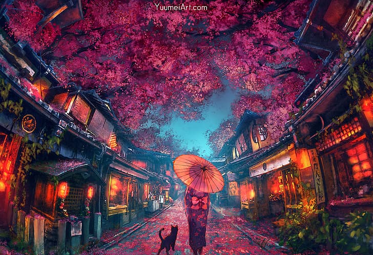 Yuumei, drawing, alleyway, umbrella, dress, Sakura blossom