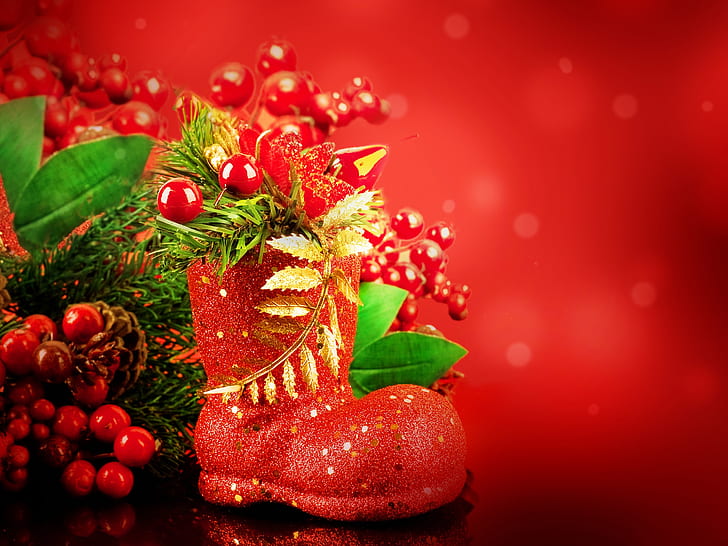 New Year, Christmas, balls, ornaments, red, HD wallpaper