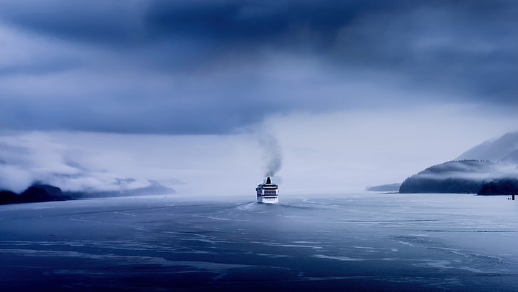 white ship, sea, Maersk, snow, mist, clouds, mountains, waves
