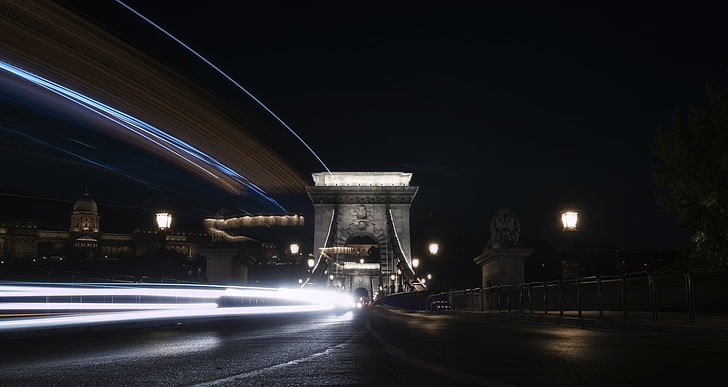 dark, road, night, traffic, long exposure, Budapest, Chain Bridge, HD wallpaper