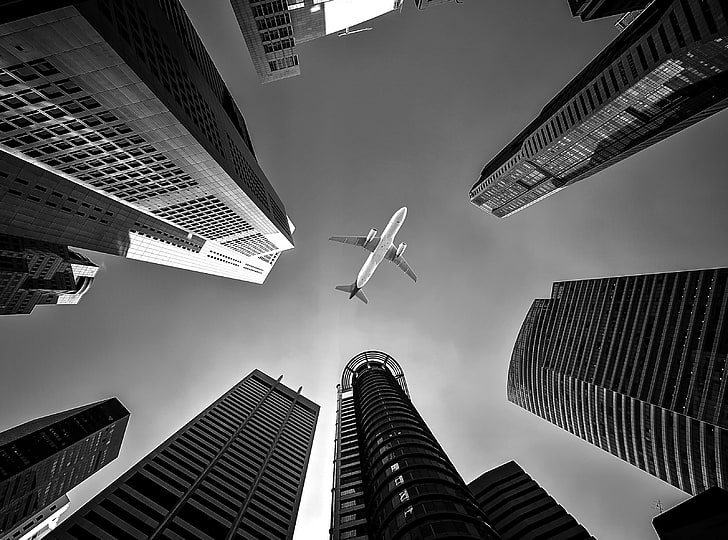 Airplane, Black and White, City, Travel, Business, Flying, Modern, HD wallpaper